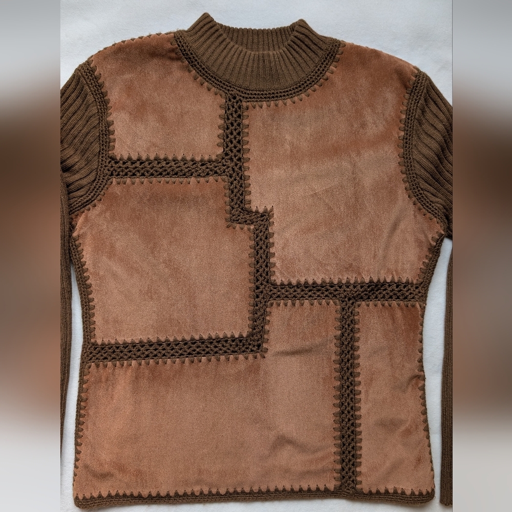 Vintage Valenti Women’s Suede Patchwork Knit Sweater Boho Brown Leather Size L - Picture 7 of 16